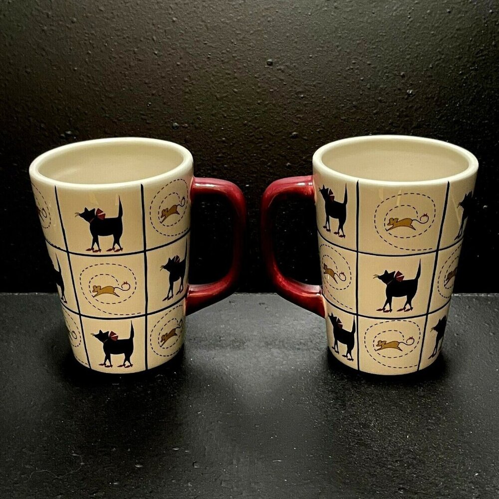 Studio Nova “Cat in Heels” set of two black cat gold mouse 12 oz coffee tea mugs